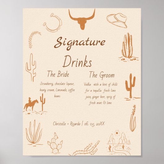 Boho Westerne bruiloft bar menu, drink bruiloft Po Poster (Voorkant)