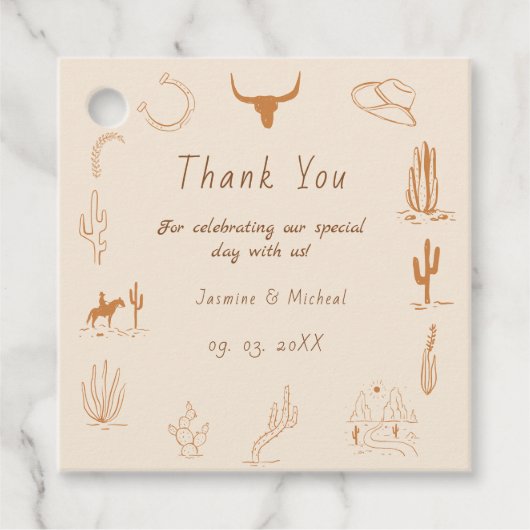 Boho Westerne Cowboy Illustratie Trouwen Bedankjes Labels (Voorkant)