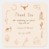 Boho Westerne Cowboy Illustratie Trouwen Vierkante Sticker (Voorkant)