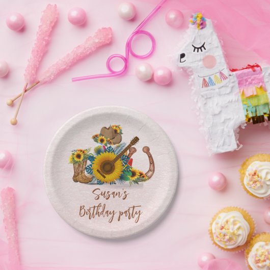 Boho Westerne gitaar Zonnebloemen Verjaardagsfeest Papieren Bordje (Feest)