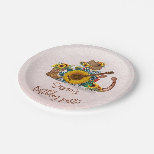 Boho Westerne gitaar Zonnebloemen Verjaardagsfeest Papieren Bordje (Gekanteld)