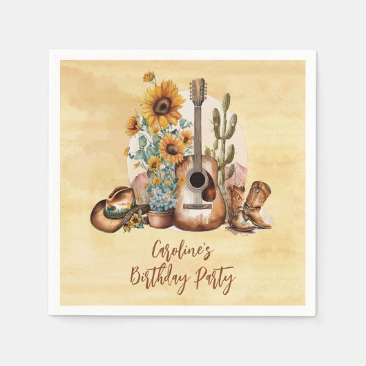 Boho Westerne gitaar Zonnebloemen Verjaardagsfeest Servet (Voorkant)