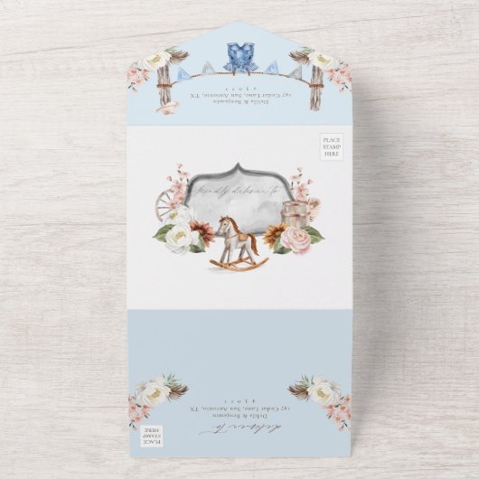 Boho Westerne Waterverf Little Cowboy Baby shower All In One Uitnodiging (Buitenkant)