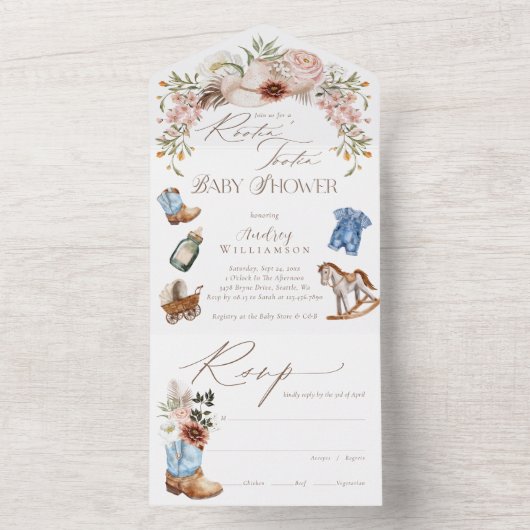 Boho Westerne Waterverf Little Cowboy Baby shower All In One Uitnodiging (Binnen)