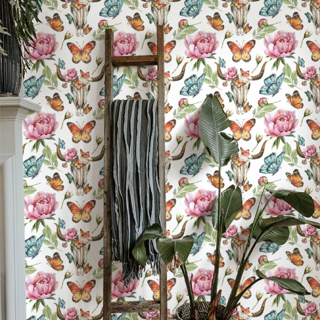 Boho Westerse Bloem Koeschedel Vlinders Behang (Creator heeft geüpload)