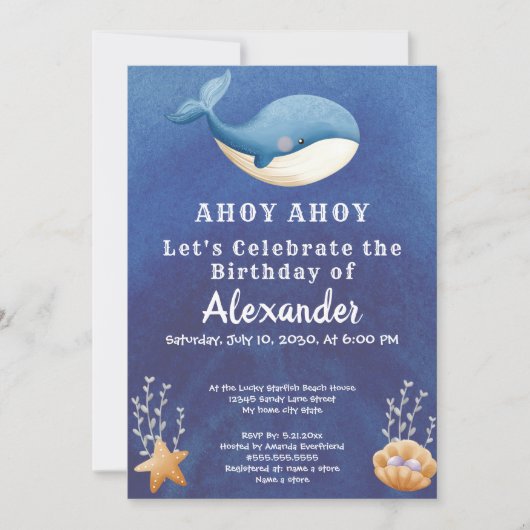 Boho Whale, Onder het Zee Boy Verjaardagsfeest Kaart (Voorkant)