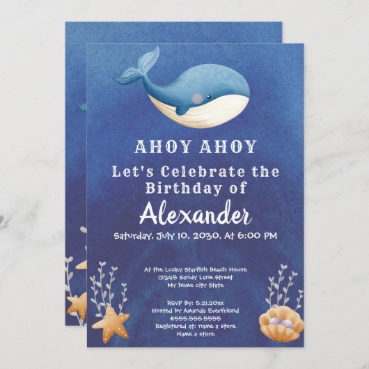 Boho Whale, Onder het Zee Boy Verjaardagsfeest Kaart (Voorkant / Achterkant)