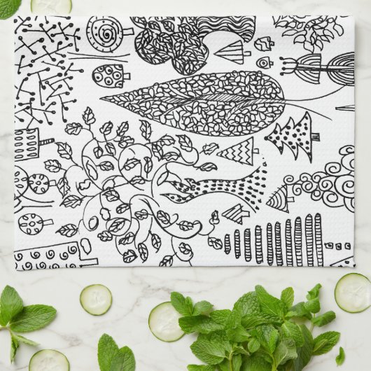 Boho Whimsical Bomen Zwart en Wit Patroon Theedoek (Gevouwen)