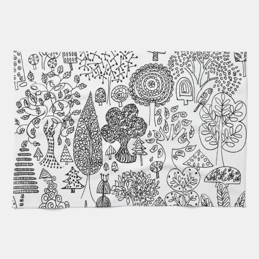 Boho Whimsical Bomen Zwart en Wit Patroon Theedoek (Horizontaal)