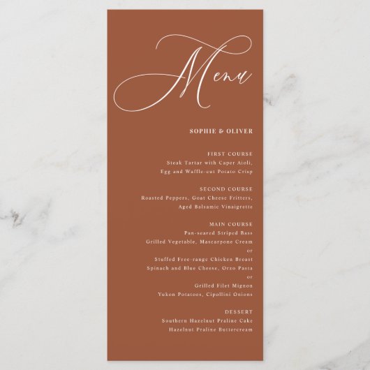 Boho Whimsical Calligraphy Terracotta Wedding Menu (Voorkant)