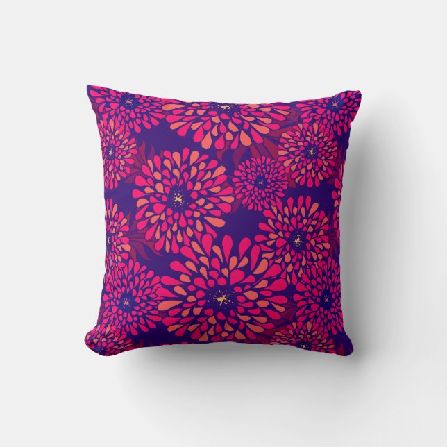 Boho Whimsical Floral Pattern Navy Fuchsia Kussen (Voorkant)