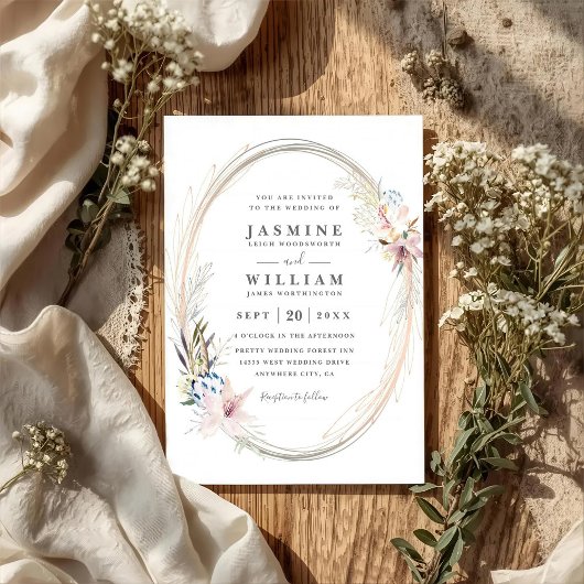 Boho Whimsical Krans Elegante QR Code Bruiloft Kaart