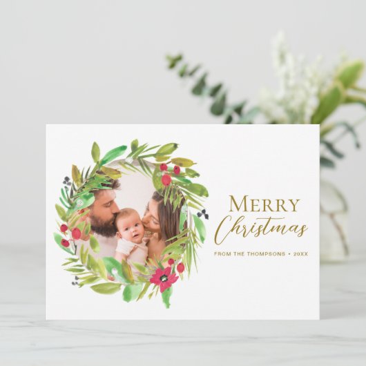 Boho Whimsical krans Vrolijk Kerstfeest Familie Fo Feestdagenkaart (Staand voorkant)