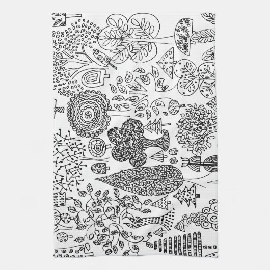 Boho Whimsical Trees Zwart-wit Patroon Theedoek (Verticaal)