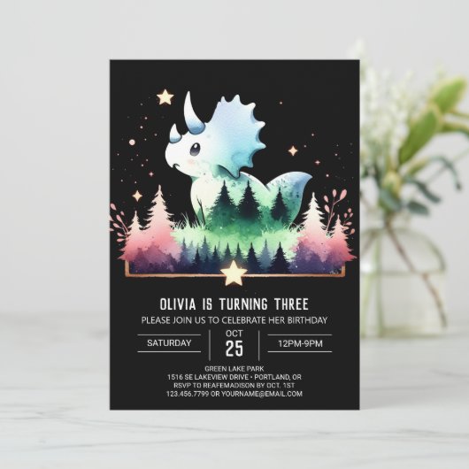 Boho Whimsical Triceratops Verjaardag Kaart (Staand voorkant)