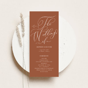 Boho Whimsische Kalligrafie Terracotta Bruiloft Programmakaart