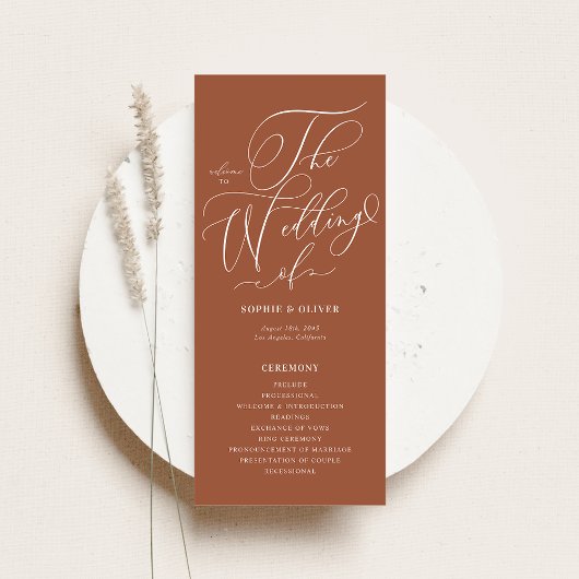 Boho Whimsische Kalligrafie Terracotta Bruiloft Programmakaart