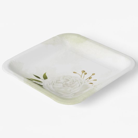 Boho white bloemen groene bladeren botanische papieren bordje (Gebogen)