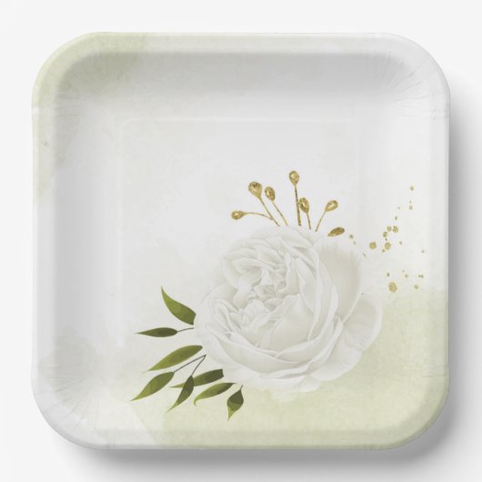 Boho white bloemen groene bladeren botanische papieren bordje (Voorkant)