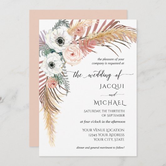 Boho White Blush Floral Pampas Grass Palm Foliage Kaart (Voorkant / Achterkant)