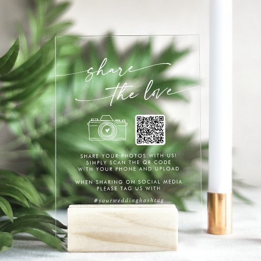 Boho White Clear Wedding Deel de liefde QR-code Acryl Bord