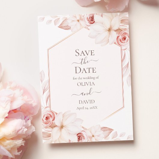Boho White en Pink Roses Save the Date Kaart