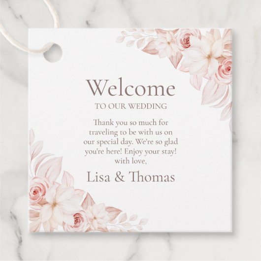 Boho White en Pink Roses Welcome Gift Label (Voorkant)