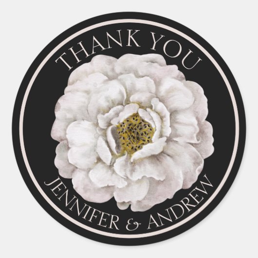 Boho White Floral & Black Wedding Favor Ronde Sticker (Voorkant)