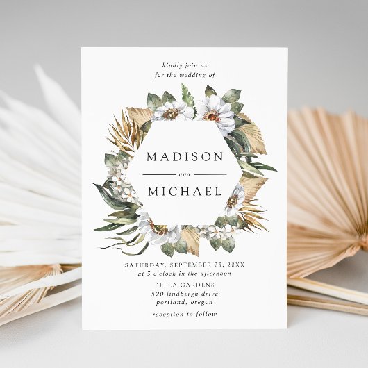 Boho White Floral & Greenery Wedding Kaart