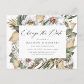 Boho White Floral & Greenery Wijzig de datum Aankondigingskaart (Voorkant)