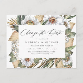 Boho White Floral & Greenery Wijzig de datum Aankondigingskaart