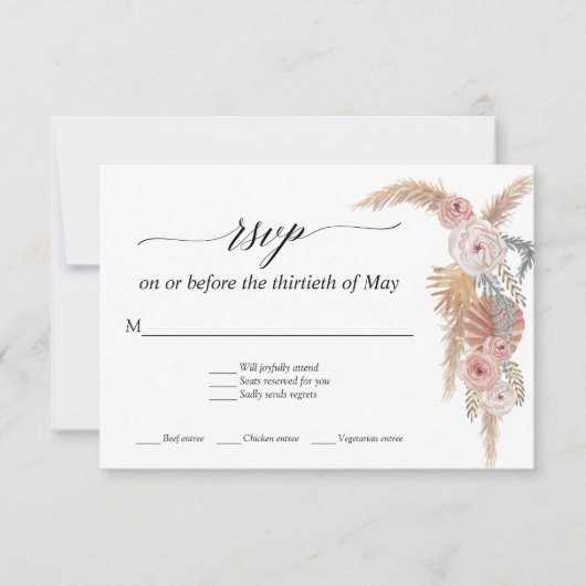 Boho White Floral Pampas Grass Tropical Palm RSVP (Voorkant)