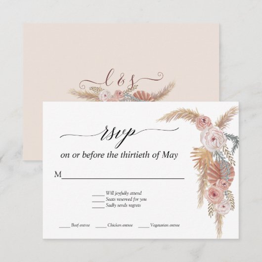 Boho White Floral Pampas Grass Tropical Palm RSVP (Voorkant / Achterkant)