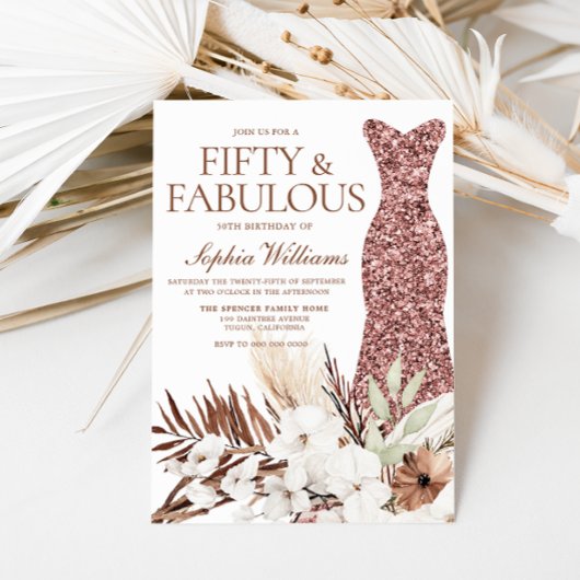 Boho White Floral Roos Gold Dress 50th Birthday Kaart