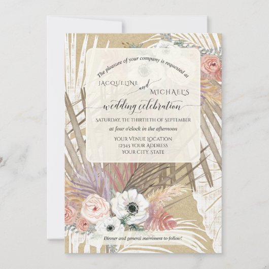 BOHO White Floral Rustic Pampas Grass Tropical Kaart (Voorkant)