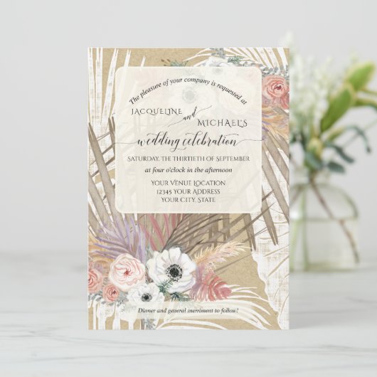 BOHO White Floral Rustic Pampas Grass Tropical Kaart (Staand voorkant)