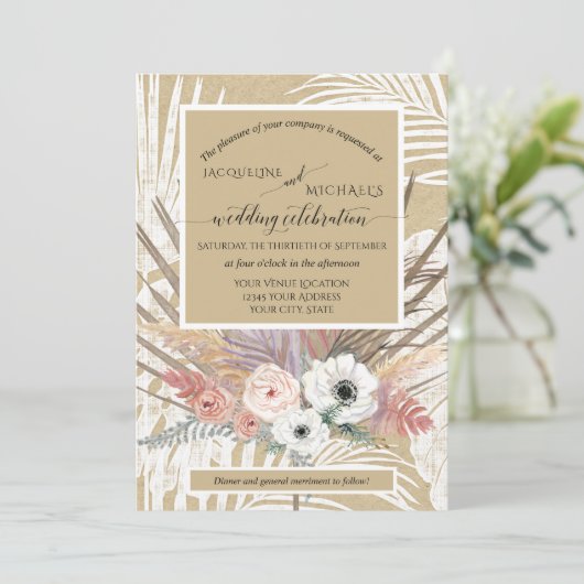 BOHO White Floral Rustic Pampas Grass Tropical Kaart (Staand voorkant)