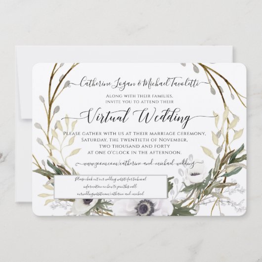 BOHO White Floral Wreath Rustic Virtual Wedding Kaart (Voorkant)