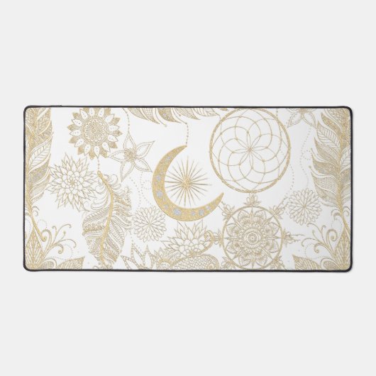 Boho White Gold Floral Feathers Dreamweaver Bureaumat (Voorkant)
