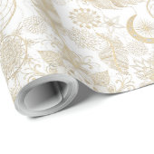 Boho White Gold Floral Feathers Dreamweaver Cadeaupapier (Rol Hoek)