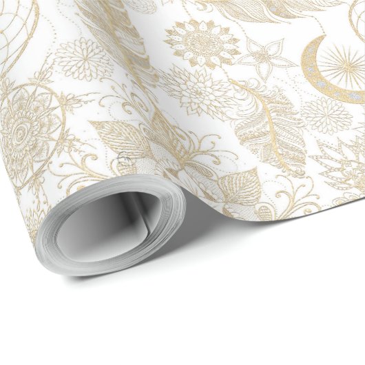 Boho White Gold Floral Feathers Dreamweaver Cadeaupapier (Rol Hoek)