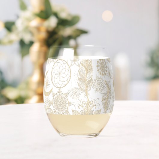 Boho White Gold Floral Feathers Dreamweaver Wijnglas Zonder Voet (Insitu (Huwelijk))