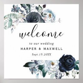 Boho White Navy Peony Waterverf Wedding Welkom Poster