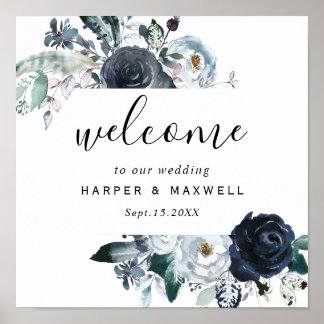 Boho White Navy Peony Waterverf Wedding Welkom Poster