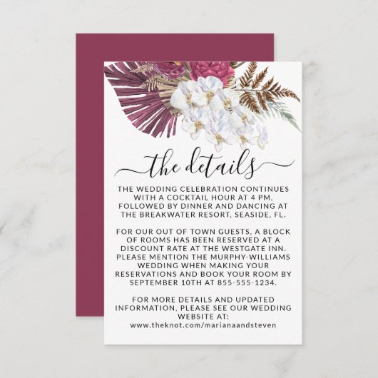 Boho White Orchids Blush Burgundy Floral Wedding E Informatiekaartje (Voorkant / Achterkant)