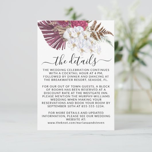 Boho White Orchids Blush Burgundy Floral Wedding E Informatiekaartje (Staand voorkant)