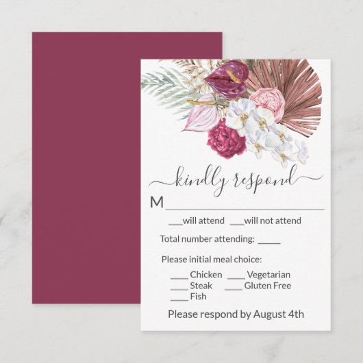 Boho White Orchids Blush Burgundy Floral Wedding RSVP Kaartje (Voorkant / Achterkant)