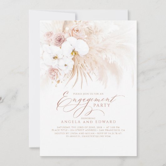 Boho White Orchids Pampas Grass Engagement Party Kaart (Voorkant)