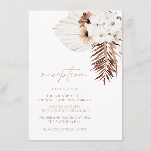 Boho White Orchids Pampas Grass Wedding Reception Informatiekaartje (Voorkant)