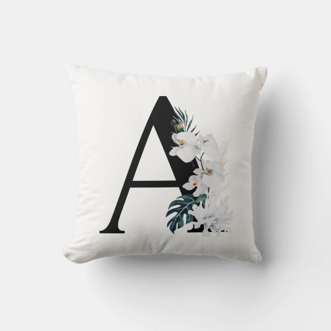 Boho White Orchids Tropical Letter A Monogram Kussen (Voorkant)